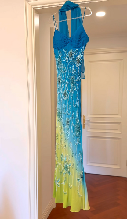 Vintage Blue Beadings Long Prom Dresses Chiffon Sheath Spaghetti Straps Evening Dresses  Sleeveless Party Dresses  ED06050