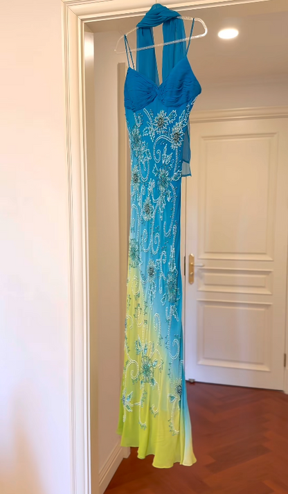 Vintage Blue Beadings Long Prom Dresses Chiffon Sheath Spaghetti Straps Evening Dresses  Sleeveless Party Dresses  ED06050