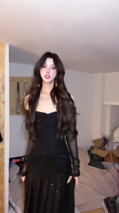 Glitter Black Long Prom Dresses Tulle A-Line Evening Dresses Off-shoulder Party Dresses ED06053