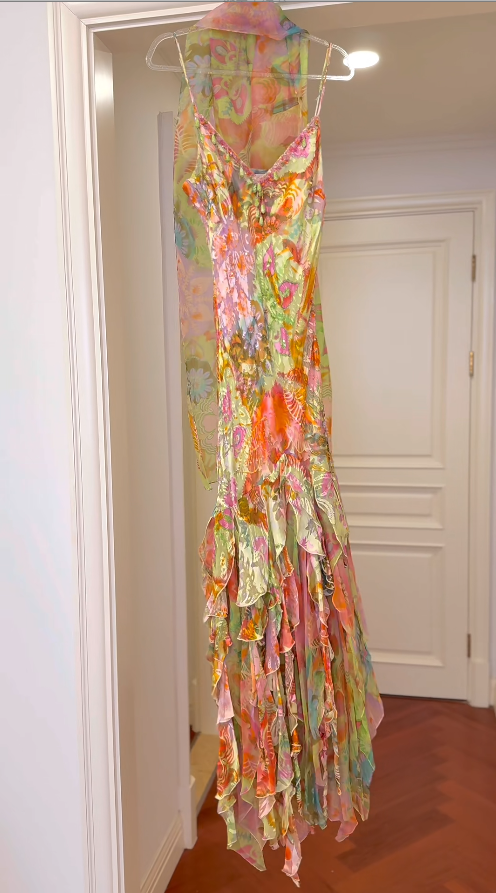 Elegant Colorful Long Prom Dresses Floral Chiffon Sheath Evening Dresses Spaghetti Straps Party Dresses ED06055