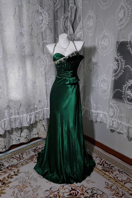 Gorgeous Dark Green Sheath Long Prom Dresses Satin Sheath Evening Dresses Spaghetti Straps Birthday Dresses ED06055