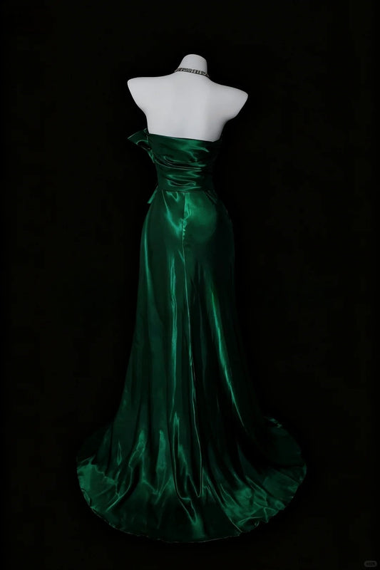 Gorgeous Dark Green Sheath Long Prom Dresses Satin Sheath Evening Dresses Spaghetti Straps Birthday Dresses ED06055