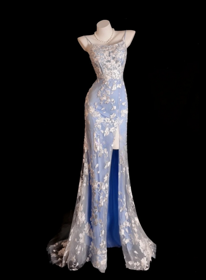 Gorgeous Spaghetti Straps Blue Long Prom Dresses Tulle Appliques Sheath Evening Dress with Slit ED06056