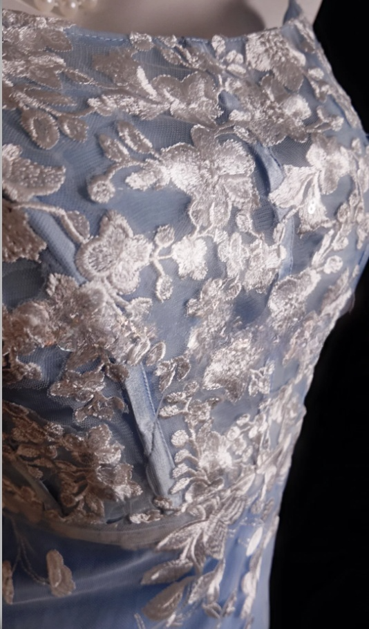 Gorgeous Spaghetti Straps Blue Long Prom Dresses Tulle Appliques Sheath Evening Dress with Slit ED06056