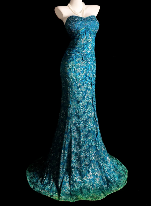 Elegant Strapless Blue Long Prom Dresses Lace Appliques Sheath Evening Dress ED06057