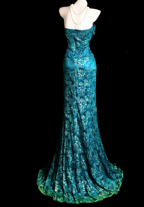 Elegant Strapless Blue Long Prom Dresses Lace Appliques Sheath Evening Dress ED06057