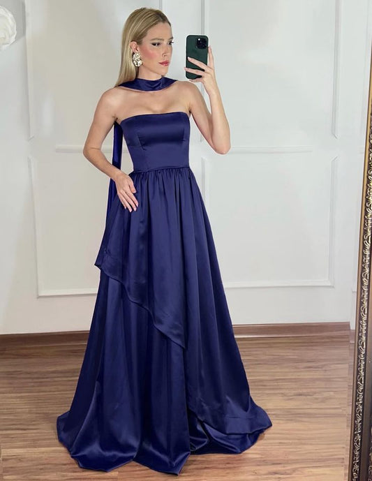 Elegant Strapless Navy Blue Long Prom Dresses Satin A-Line Bridesmaid Dress  ED06059
