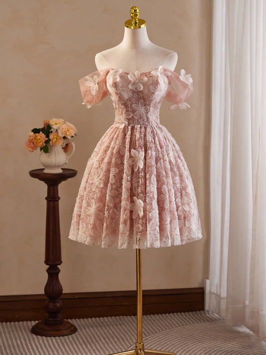 A-Line Off Shoulder Tulle Lace Pink Short Prom Dress, Pink Homecoming Dress ED0606