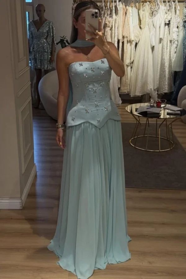 Elegant Strapless Tiffany Blue Long Prom Dresses Chiffon Sheath Bridesmaid Dress  ED06060