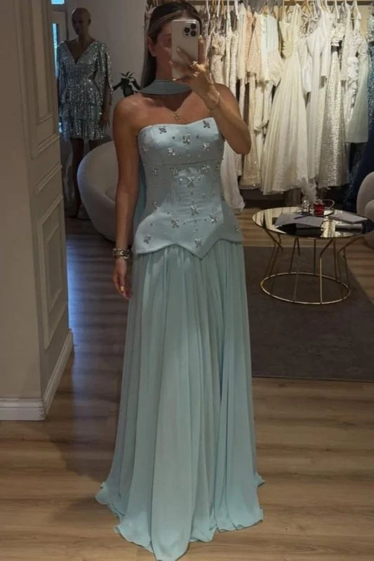 Elegant Strapless Tiffany Blue Long Prom Dresses Chiffon Sheath Bridesmaid Dress  ED06060