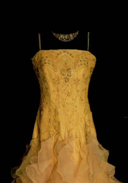 Elegant Strapless Yellow Long Prom Dresses Beaded Tulle A-Line Birthday Dress  ED06061
