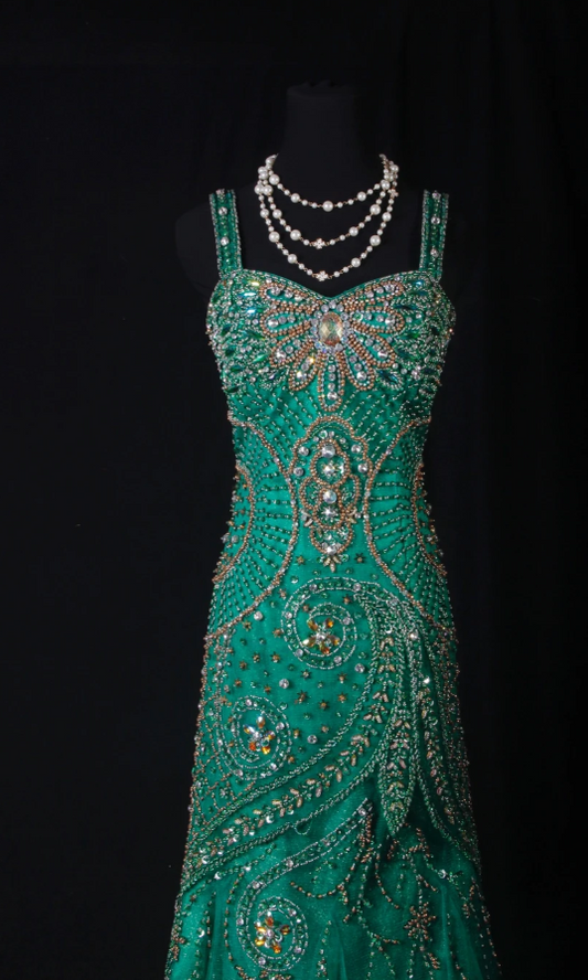 Elegant Straps Green Long Prom Dresses Beaded Tulle Sheath Birthday Dress ED06063