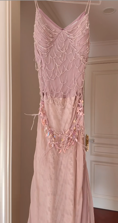 Elegant Spaghetti Straps Pink Long Prom Dresses Chiffon Sheath Birthday Dresses  ED06064