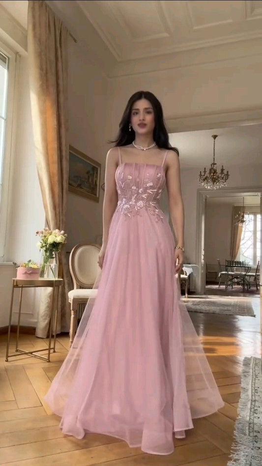 Elegant Spaghetti Straps Pink Long Prom Dresses Tulle A-Line Birthday Dresses ED06067