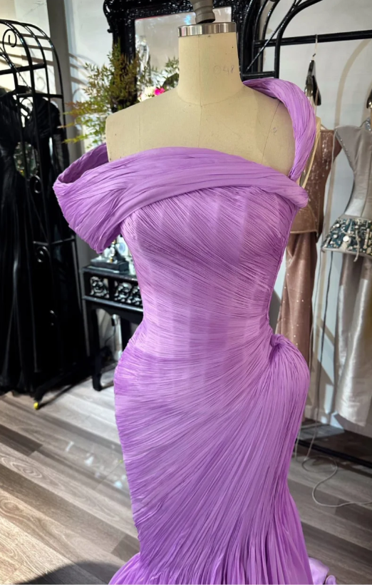 Elegant Asymmetric Purple Long Prom Dresses Chiffon Mermaid Wedding Guest Dresses ED06069