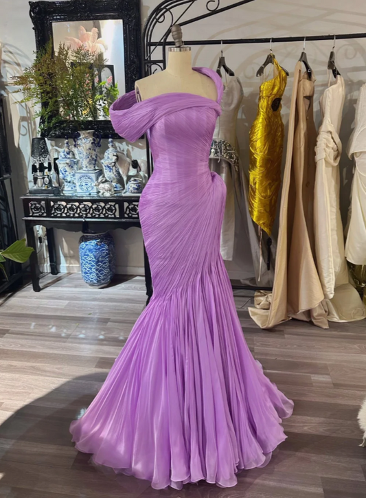 Elegant Asymmetric Purple Long Prom Dresses Chiffon Mermaid Wedding Guest Dresses ED06069