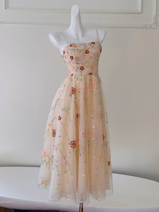 Robe de bal trapèze en tulle, paillettes et perles, longueur thé, couleur champagne, robe de soirée ED0607