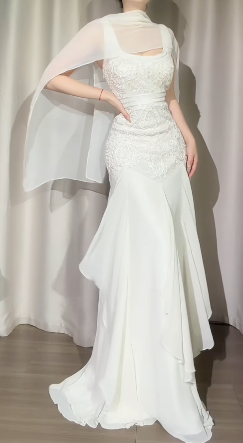 Elegant Straps White Long Prom Dresses Chiffon Beaded A-Line Evening Dresses ED06070