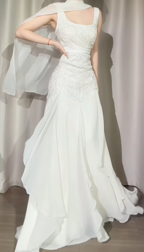 Elegant Straps White Long Prom Dresses Chiffon Beaded A-Line Evening Dresses ED06070