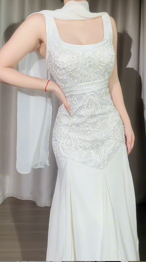 Elegant Straps White Long Prom Dresses Chiffon Beaded A-Line Evening Dresses ED06070