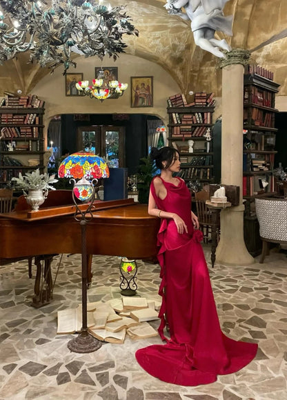 Sexy Straps Burgundy Long Prom Dresses Satin Sheath  Evening Dresses ED06071