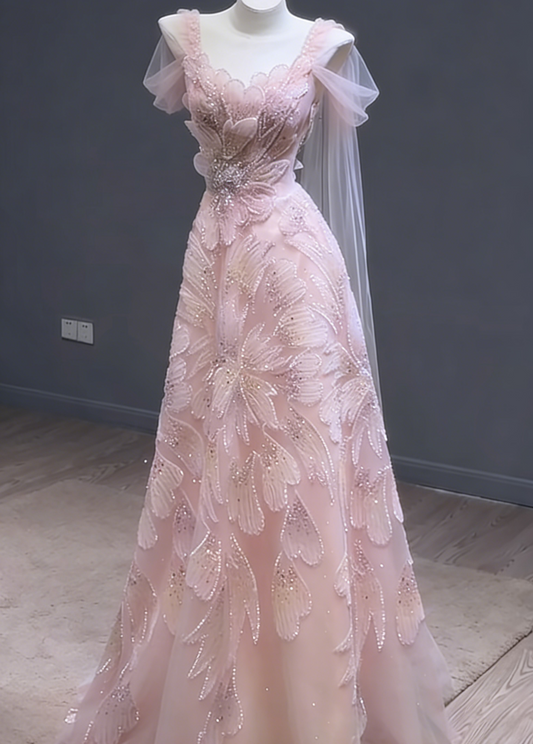 Cute Pink Birthday Dresses Sapghetti Straps A-Line Long Prom Dresses Tulle Sleeveless Evening Dresses ED06073