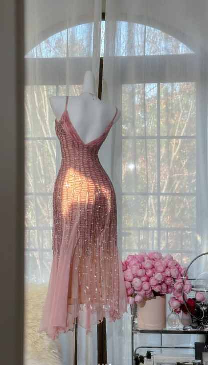 Vintage Peach Birthday Dresses Sapghetti Straps Sheath Short Prom Dresses Beaded Chifffon Backless Evening Dresses ED06074