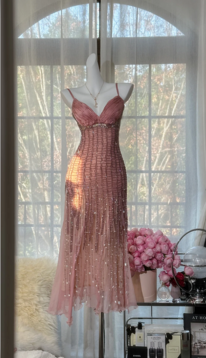 Vintage Peach Birthday Dresses Sapghetti Straps Sheath Short Prom Dresses Beaded Chifffon Backless Evening Dresses ED06074