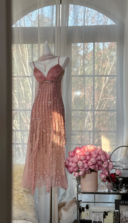 Vintage Peach Birthday Dresses Sapghetti Straps Sheath Short Prom Dresses Beaded Chifffon Backless Evening Dresses ED06074