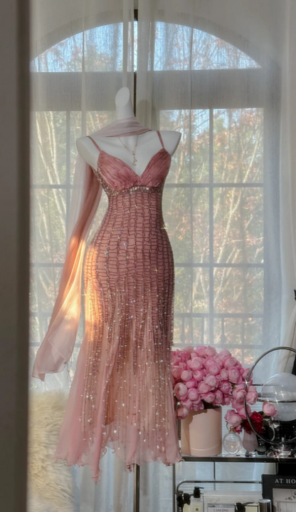 Vintage Peach Birthday Dresses Sapghetti Straps Sheath Short Prom Dresses Beaded Chifffon Backless Evening Dresses ED06074