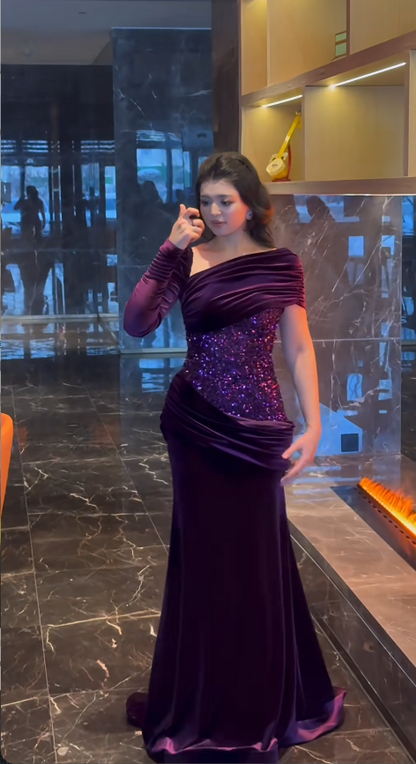 Elegant Purple Birthday Dresses, Asymmetrical Neckline Sheath Long Prom Dresses, Sequins Satin Evening Dresses ED06075