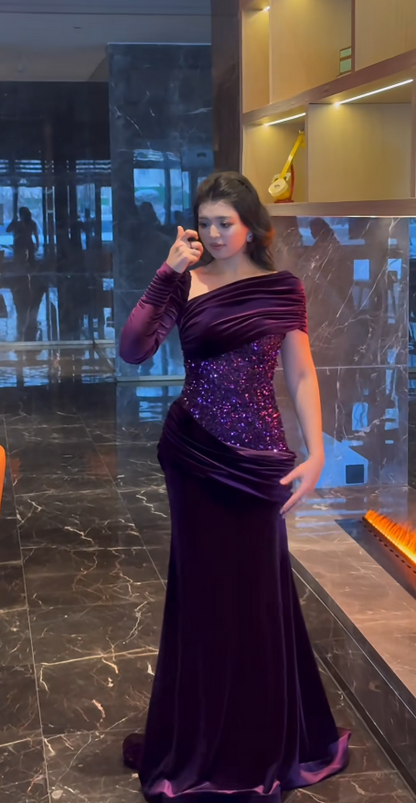 Elegant Purple Birthday Dresses, Asymmetrical Neckline Sheath Long Prom Dresses, Sequins Satin Evening Dresses ED06075