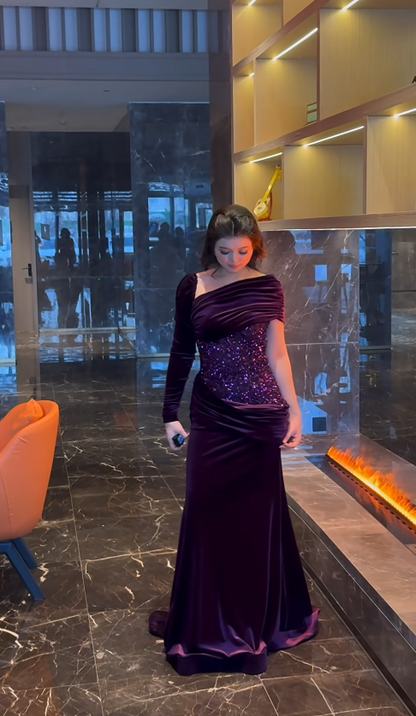 Elegant Purple Birthday Dresses, Asymmetrical Neckline Sheath Long Prom Dresses, Sequins Satin Evening Dresses ED06075