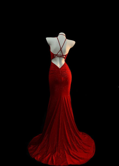 Sexy Red Long Prom Dresses Sweetheart Mermaid Evening Dresses Satin Backless Formal Dresses ED06077