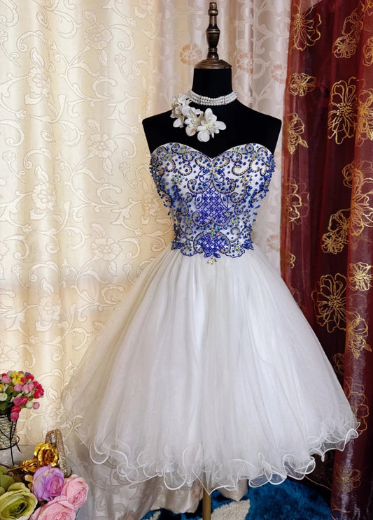 Sexy White Short Prom Dresses Sweetheart  A-Line Evening Dresses Tulle Sleeveless Formal Dresses ED06078