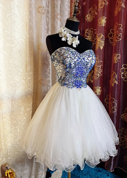 Sexy White Short Prom Dresses Sweetheart  A-Line Evening Dresses Tulle Sleeveless Formal Dresses ED06078