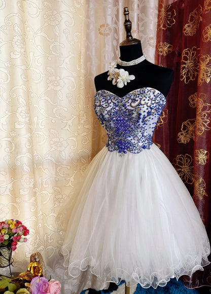 Sexy White Short Prom Dresses Sweetheart  A-Line Evening Dresses Tulle Sleeveless Formal Dresses ED06078
