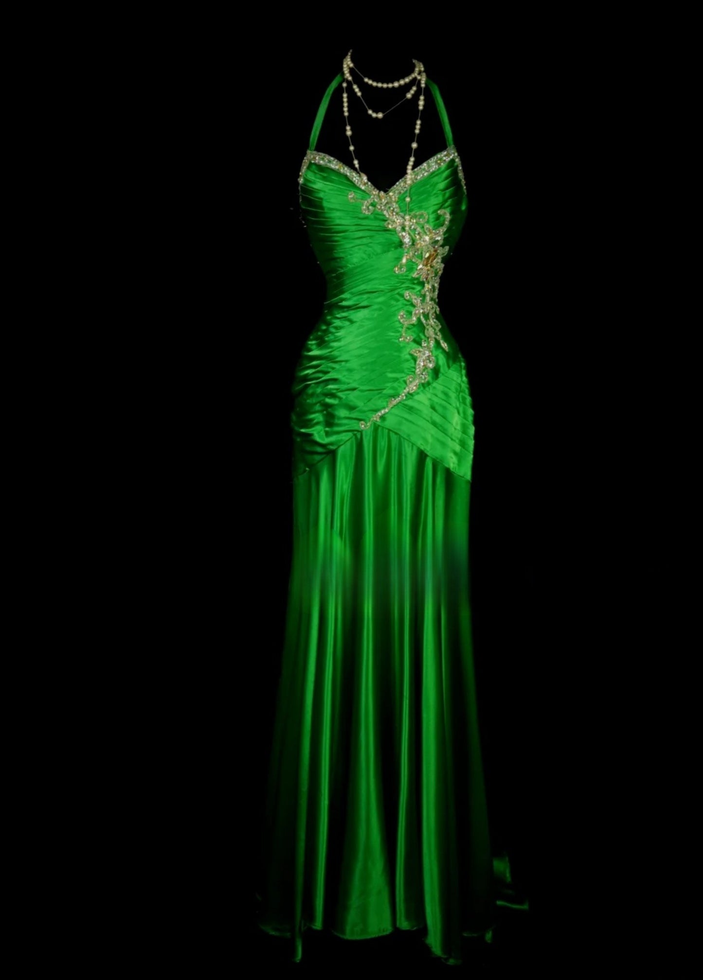 Elegant Green Long Prom Dresses Spaghetti Straps Sheath Evening Dresses Appliques Satin Sleeveless Formal Dresses ED06079