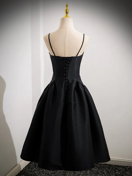 Robe de bal courte en satin noir, coupe trapèze, robe de soirée noire ED0608