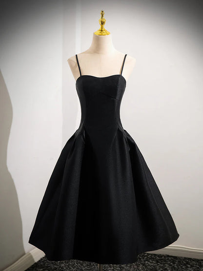 Robe de bal courte en satin noir, coupe trapèze, robe de soirée noire ED0608