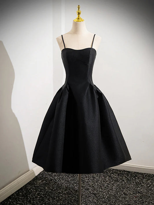 Robe de bal courte en satin noir, coupe trapèze, robe de soirée noire ED0608