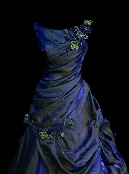 Elegant Navy Blue Long Prom Dresses Straps A-Line Evening Dresses Beaded Satin Sleeveless Formal Dresses ED06080