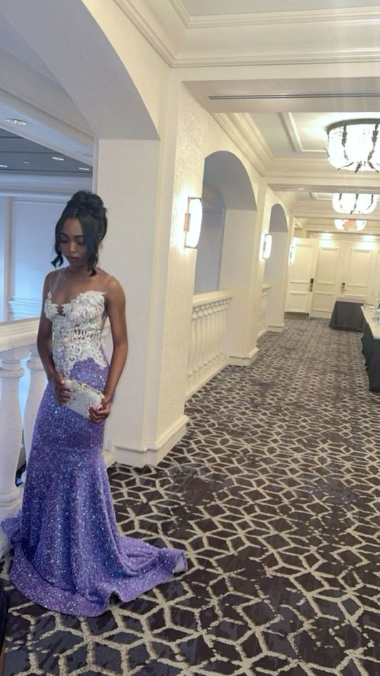 Elegant Purple Long Prom Dresses Sweetheart Sheath Evening Dresses Sequins Sleeveless Formal Dresses ED06081