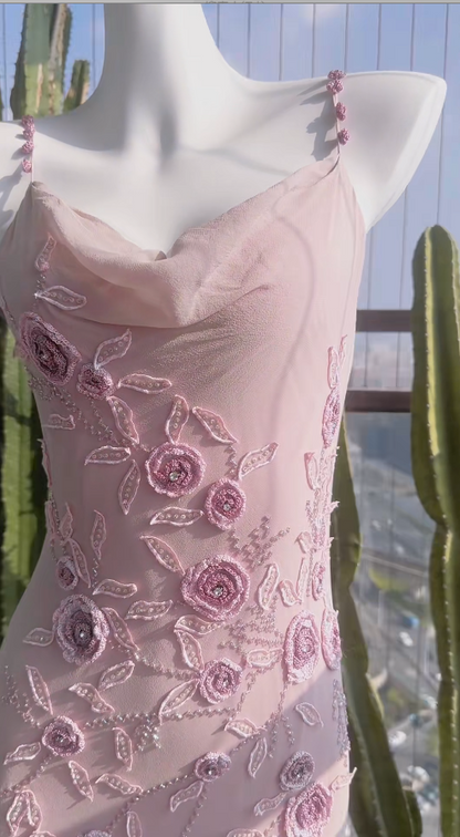 Cute Pink Short Prom Dresses Spaghetti Straps Sheath Evening Dresses Beaded Chiffon Sleeveless Formal Dresses ED06083
