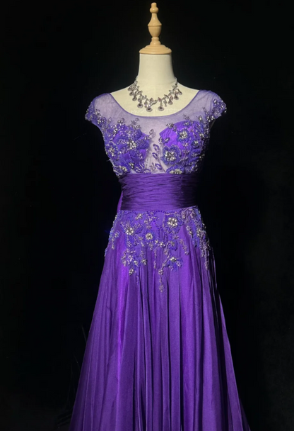 Cute Purple Long Prom Dresses Jewel A-Line Evening Dresses Beaded Chiffon Sleeveless Formal Dresses ED06083
