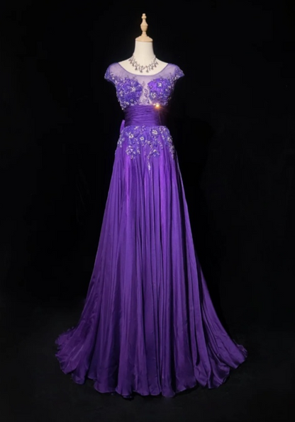 Cute Purple Long Prom Dresses Jewel A-Line Evening Dresses Beaded Chiffon Sleeveless Formal Dresses ED06083
