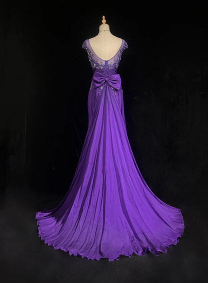 Cute Purple Long Prom Dresses Jewel A-Line Evening Dresses Beaded Chiffon Sleeveless Formal Dresses ED06083