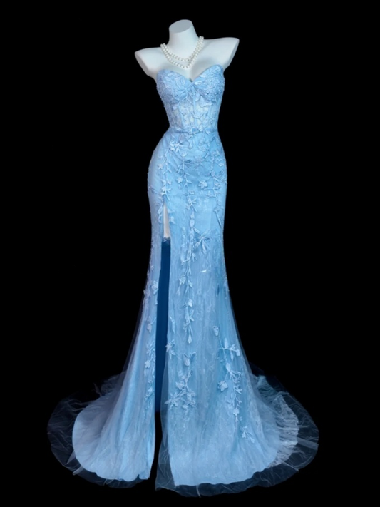 Chic Blue Long Prom Dresses Sweetheart Sheath Slit Evening Dresses  Applique Tulle Sleeveless Formal Dresses ED06085