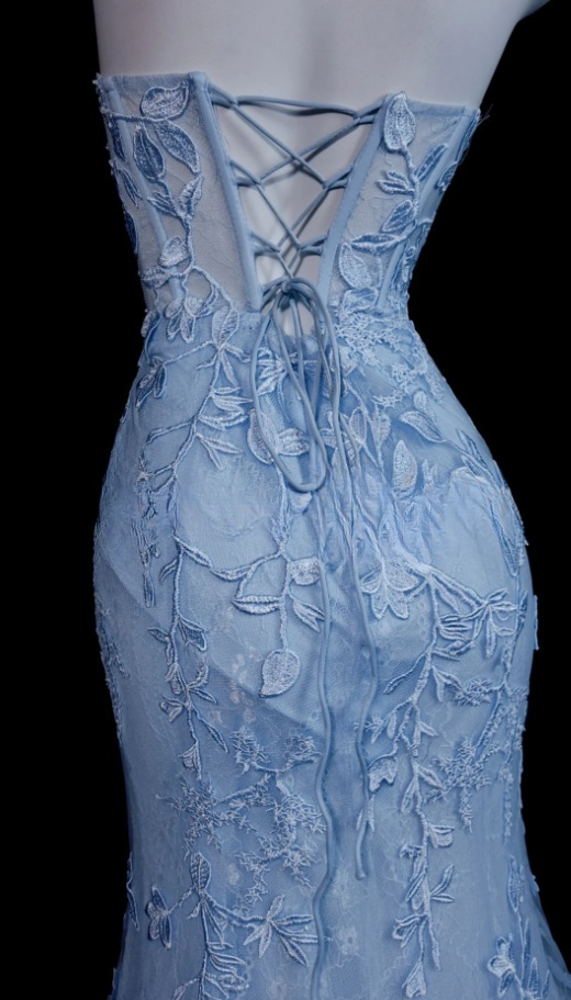 Chic Blue Long Prom Dresses Sweetheart Sheath Slit Evening Dresses  Applique Tulle Sleeveless Formal Dresses ED06085