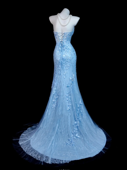 Chic Blue Long Prom Dresses Sweetheart Sheath Slit Evening Dresses  Applique Tulle Sleeveless Formal Dresses ED06085
